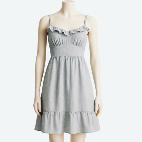 TOMMY HILFIGER sweetheart sun dress chambray blue stripe ruffle women size 4 - Picture 1 of 12